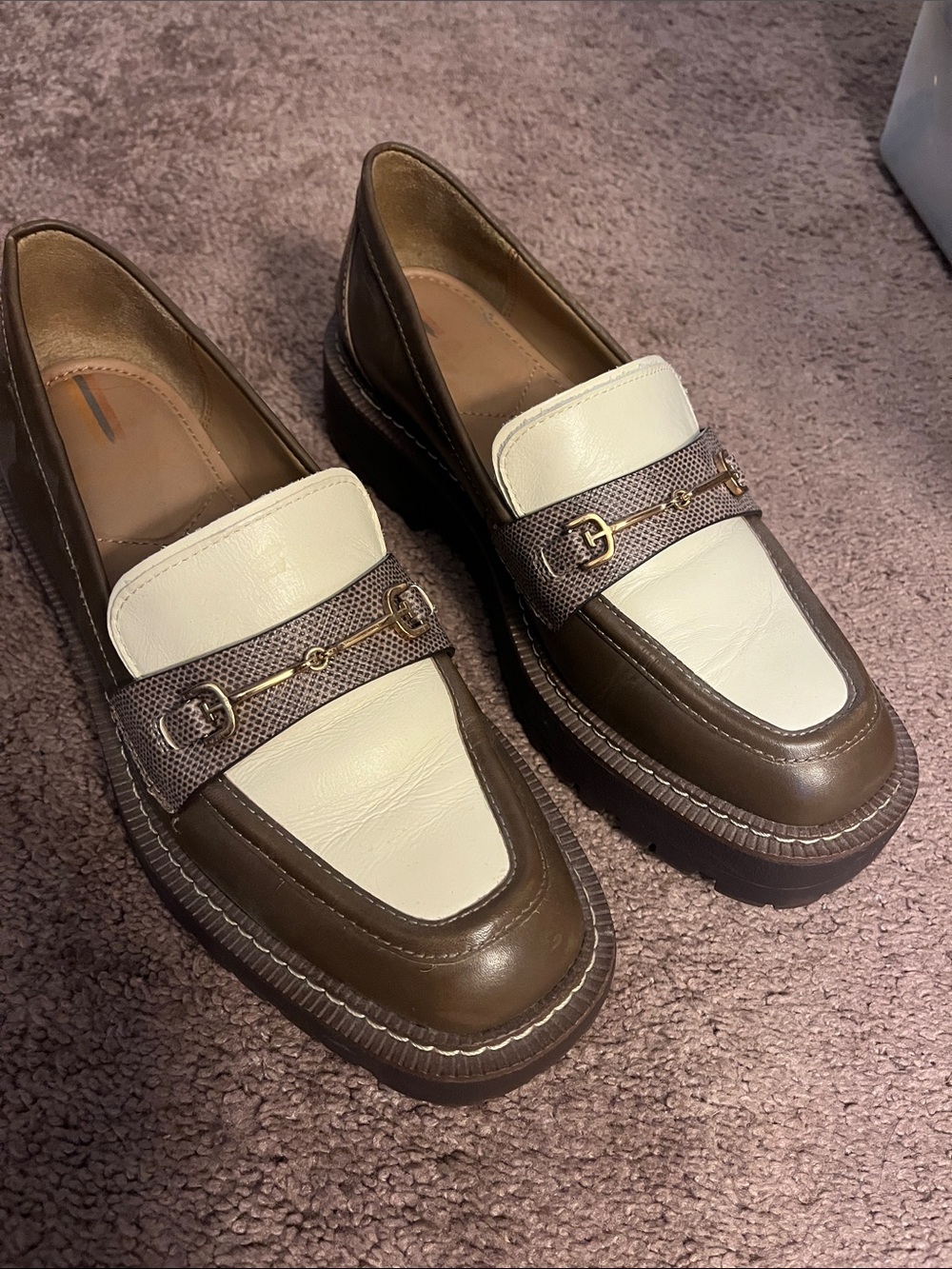 Sam Edelman Two-Tone Brown and Cream Loafers with Gold Bit